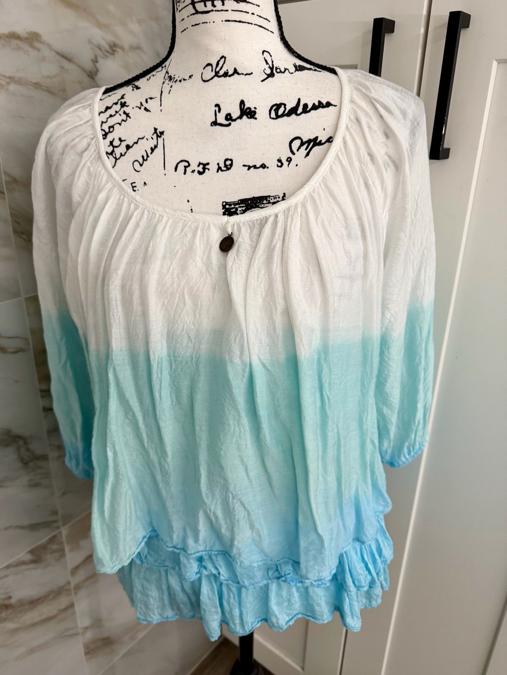 Belle France Italy S Aqua Ombre Peasant Boho Blouse Silk Ruffle